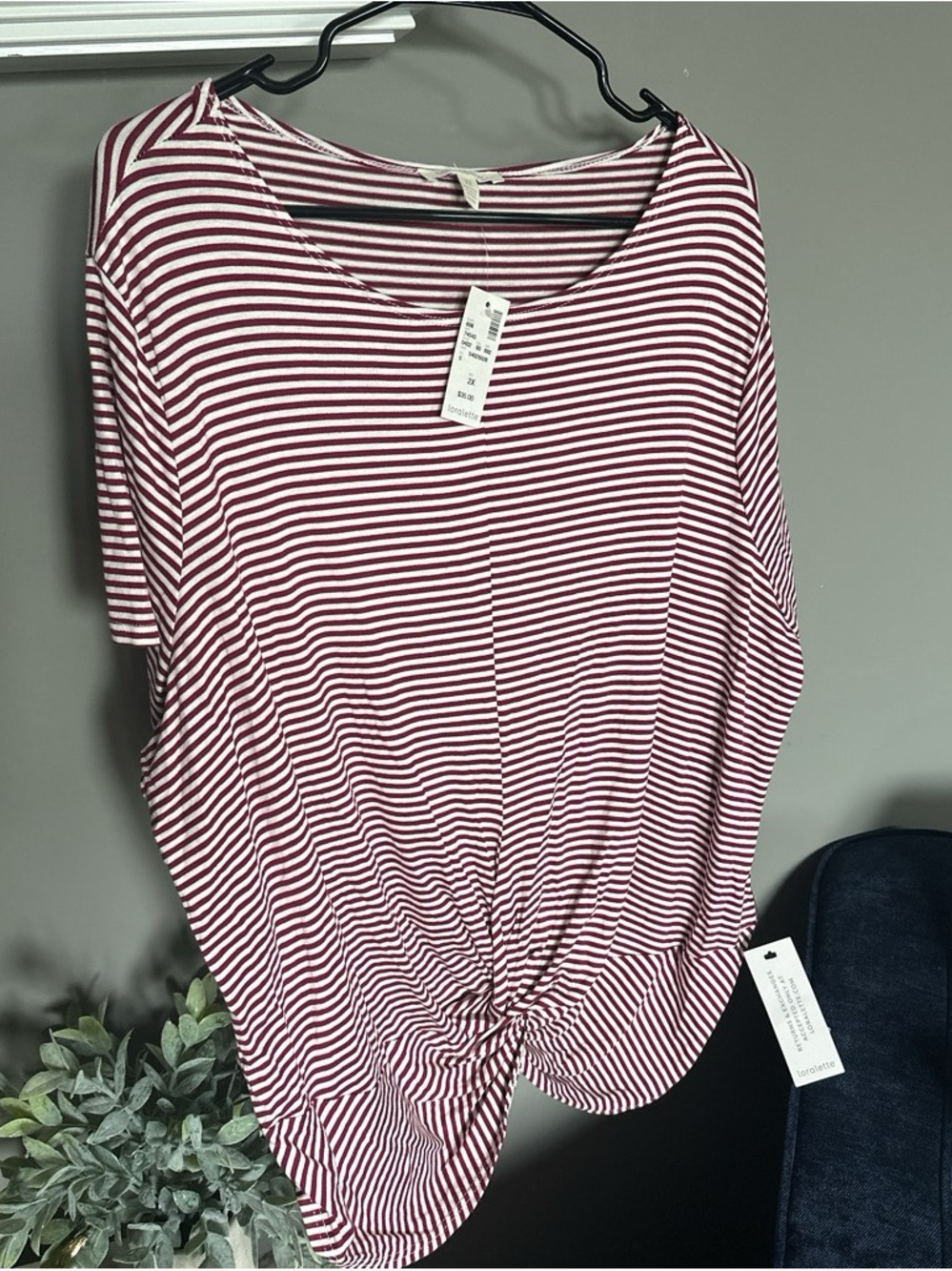 Lanette Striped Twist-Front Women’s Top - Burgundy/White